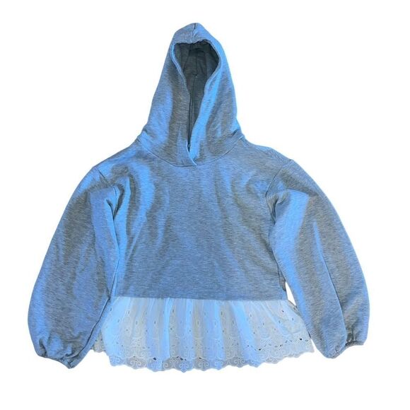 Women's Anthropologie Maeve Grey Hoodie with Attached Layered Eyelet Lace Hem - Picture 1 of 8